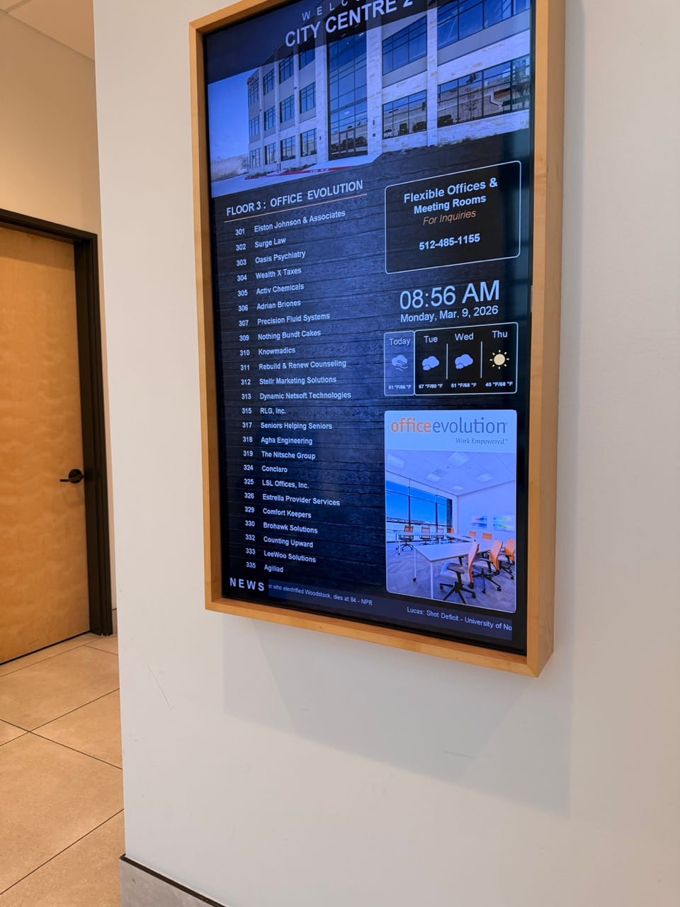 Third-floor hallway and suite 302 at the Surge Business Law Texas office